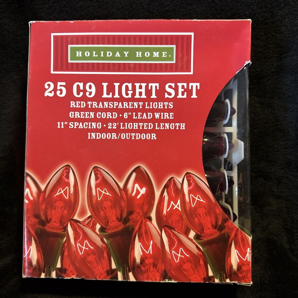 Holiday Home 25 C9 Light Set Red Transparent Lights Green Cord 22" Length